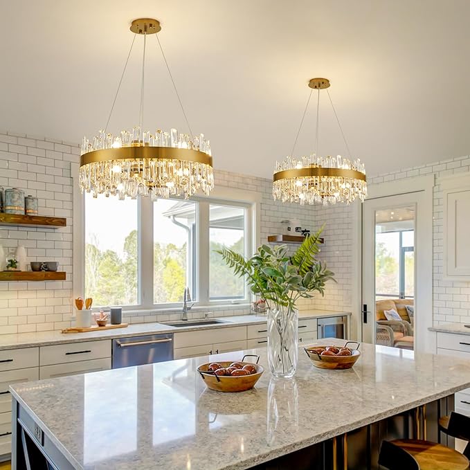 CROSSIO Modern Crystal Chandelier for Dining Room, 12-Light Luxury Gold Flush Mount Crystal Ceiling Light 2-Tiers K9 Crystal Raindrop Chandelier for Living Room Kitchen Entryway Foyer D23.6''