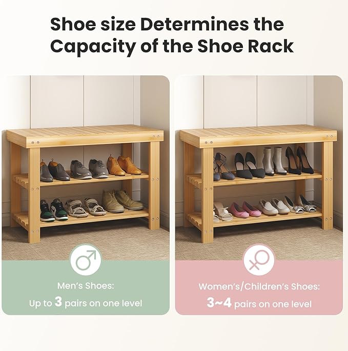 DUMOS Shoe Rack Bench, 3-Tier Bamboo Entryway Benches, Holds Up to 286 lb Storage Organizer, 11.3 x 27.6 x 17.8 Inches, Suitable for Bedroom Living Room Balcony, Classical Wood