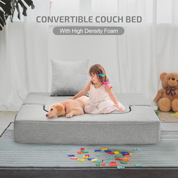 SUYOLS 2-in-1 Folding Sofa Bed with Pillow - Folding Chair Floor Couch & Sleeping Mattress - Washable Cover & Memory Foam Sleeper Chair for Living Room/Guest Room/Apartment/Loft, Light Gray