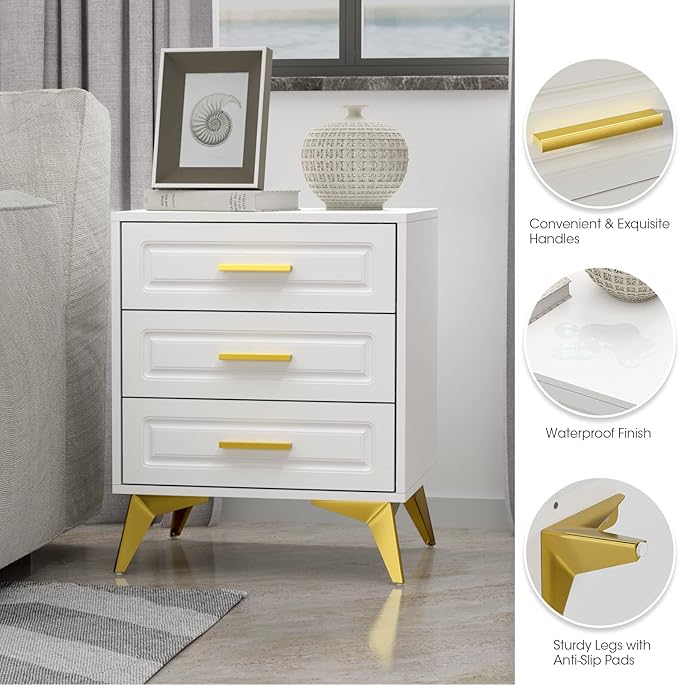 Giluta White Nightstand with 3 Drawers, Modern Night Stand with Gold Solid Metal Legs & Handles, Wood Bedside Table, Sofa End Side Table for Bedroom