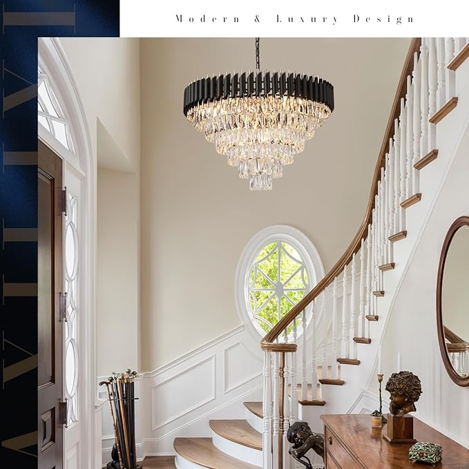 AXILIXI Black and Gold Crystal Chandeliers 30” Modern Dining Room Chandelier Round 6 Tiers K9 Crystal Large Pendant Light Fixtures for Entryway Foyer Stairwell Living Room