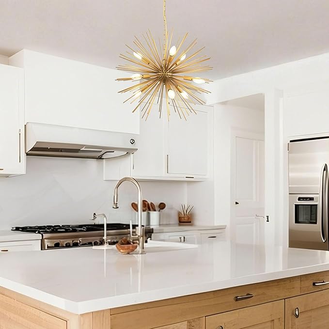 23.8" Modern Sputnik Chandelier 9-Lights Mid-Century Modern Starburst Golden Chandelier Luxury Gold Solid Metal Sputnik Satellite Chandeliers for Dining Room, Kitchen Island, Bedroom, E12