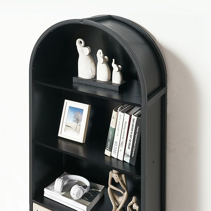 Arched Bookcase Book Shelf with Doors, 5 Tier Display Bookshelf Tall Cabinet with Storage, Industrial Floor Standing Bookshelves Open bookcases for Home Office, Living Room(Oak&Black)