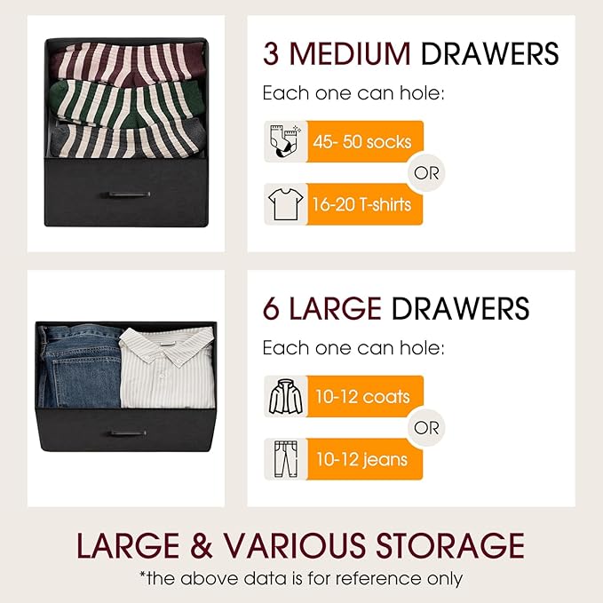FDW 9-Drawer Fabric Dresser,Sturdy Storage Tower Dresser for Bedroom with Metal Frame,Clothes Organizer Easy-Pull Fabric Bins for Bedroom,Closet,Black