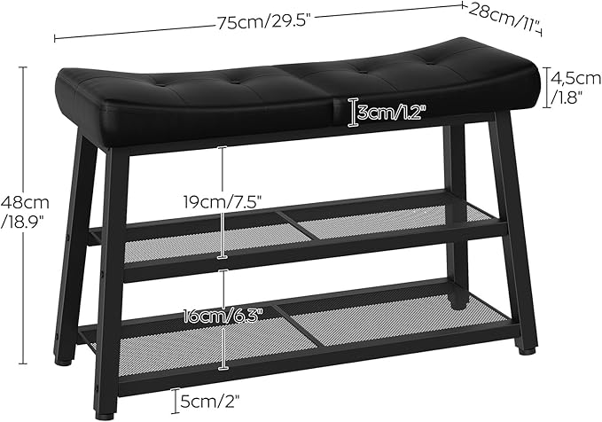 Shoe Bench, 3-Tier Shoe Rack, Entryway Bench with Storage and Cushion, for Hallway, Foyer, Bedroom, Black HX02BB