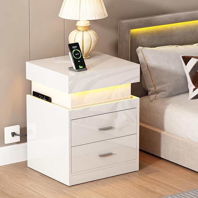 ChooChoo LED Nightstand with Charging Station, Smart Night Stand with Sliding Top Storage, 2-Drawers High Gloss Bedside Table, Modern End Table for Bedroom,White