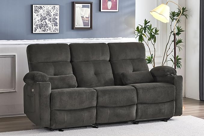 80'' Power Reclining Sofa with Heat and Massage, Electric Reclining Couch with Extended Footrest, Wall Hugger 3-Seater Recliner Sofa with USB Ports, Cup Holders for Living Room