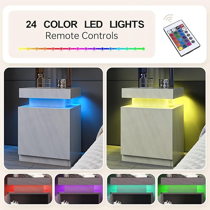 Nightstands Set 2, 17 Inches Modern Bedside Table with LED Lights, LED Night Stand Set of 2, High Gloss Surface, End Table with Storage for Bedroom, Grey