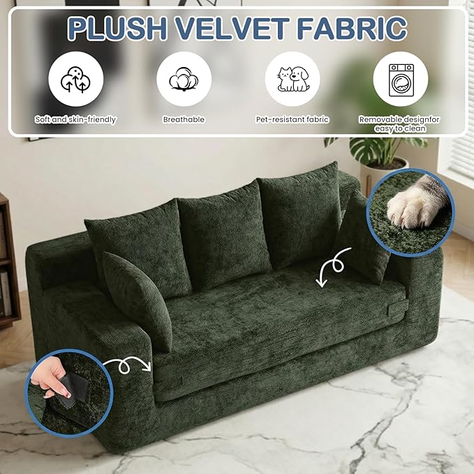 Boneless Couches 70", 3 Seater Boneless Couch with Pull Out Sofa Bed, Boneless Couch Bed with 5 Pillows Green, Plush Velvet Sofa for Living Room & Bedroom