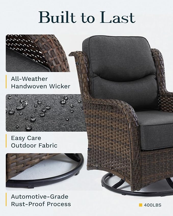 High Back Outdoor Furniture with Extra Thick Cushion Patio Swivel Rocking Chairs, Comfort Loveseat, 7PCS Oversized Wicker Conversation Set for Porch, Deck, Yard in Dark Gray