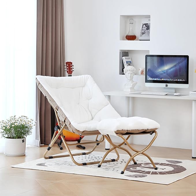 Comfy Folded Chair with Ottoman, Oversized Folding Faux Fur Chair Soft Furry Lazy Chair with Metal Frame Moon Chair Accent Chair for Bedroom, Living Room, Dorm Rooms
