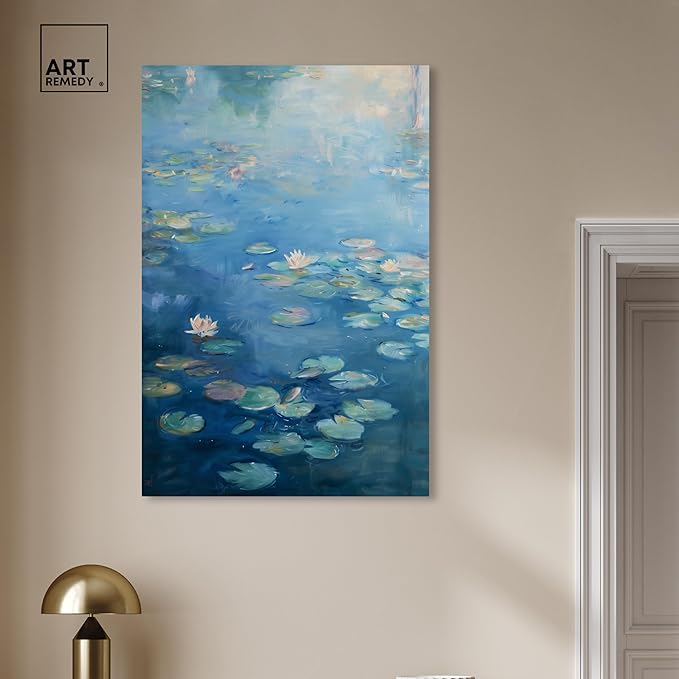 Art Remedy Lilypads In Blues Gallery Wrapped Impressionism 1 Piece Canvas Wall Art/Monet And Van Gogh Inspired Art, 30" x 45", Gallery Wrapped