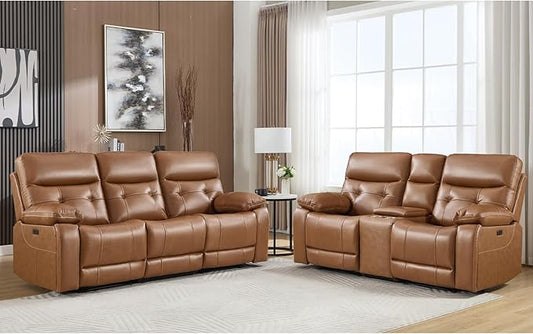 CANMOV Genuine Leather Power Reclining Sofa Set, Power Recliner Sofa and Loveseat Set, 2 Pieces Leather Couch with Storage Console, USB Ports, Cup Holders for Living Room,Brown