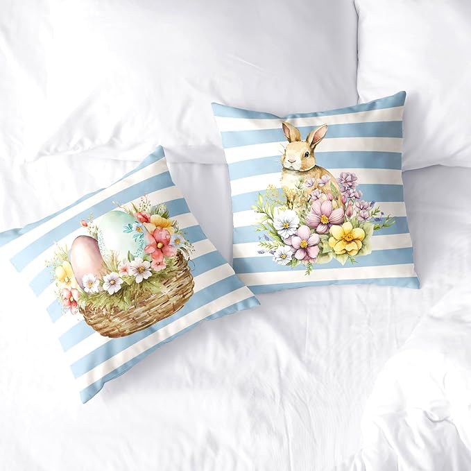 Cute Bunny Easter Pillow Covers 18x18 Set of 2 Egg Rabbit Floral Decorative Throw Pillows Covers Blue and White Striped Pillow Covers Spring Home Decor for Couch Bed