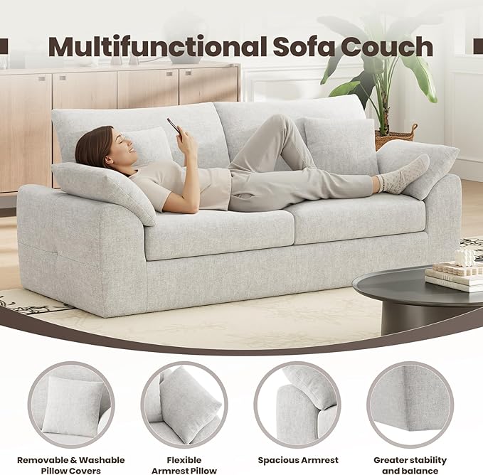 MALOL 90" Boneless Loveseat Sofa, Cloud Foam Couch, 3 Seater Upholstered Midcentury Mondern Love Seat, Wide Armrest and 4 Pillows for Home Living Room/Small Spaces, No Assembly Required, Beige