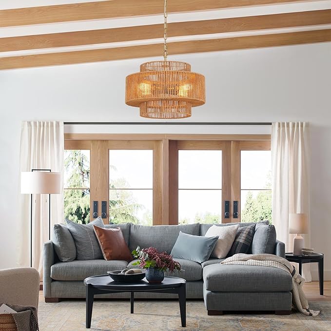 17.7" Boho Rattan Chandelier Light Fixture 4-Light Hand-Woven Bamboo Vintage Farmhouse Chandelier Drum Wicker Golden Chandeliers for Dining Room, Kitchen Island, Bedroom, Foyer