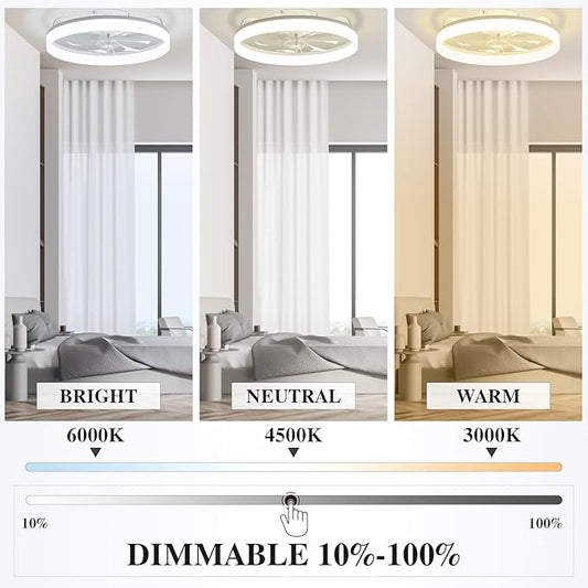 Ceiling Fans with Lights and Remote Fandelier - White 20'' Flush Mount Low Profile Modern Ceiling Fans for Bedroom - Stepless Color Temperature and 6 Speeds, White