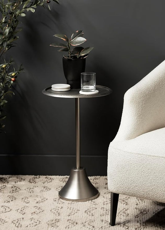 Kate and Laurel Sanzo Modern Pedestal Side Table, 15 x 15 x 24, Antique Silver, Decorative End Table with Hammered Tabletop for Use as a Bedroom Nightstand or Living Room Accent Table