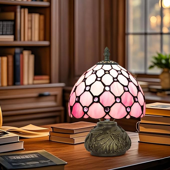Small Tiffany Table Lamp,Stained Glass Lamp,8 Inch Mushroom Style Mini Vintage Desk Lights for Bedside, Bedroom,Nightstand,Living Room,3 Color Temperature (Pink)