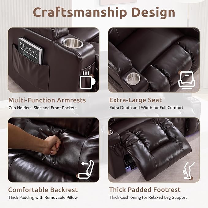 SAMERY Power Loveseat Recliner Sofa, Wall Hugger Reclining Loveseat Sofa, Movie Home Theater Seating with Flip-Backrest, Solid Wood Top, Ambient LED Lights, USB-C, Outlets, Faux Leather, Brown | Extra Wide Seat, Plush Padding, Dual Power Recline, Flip-...