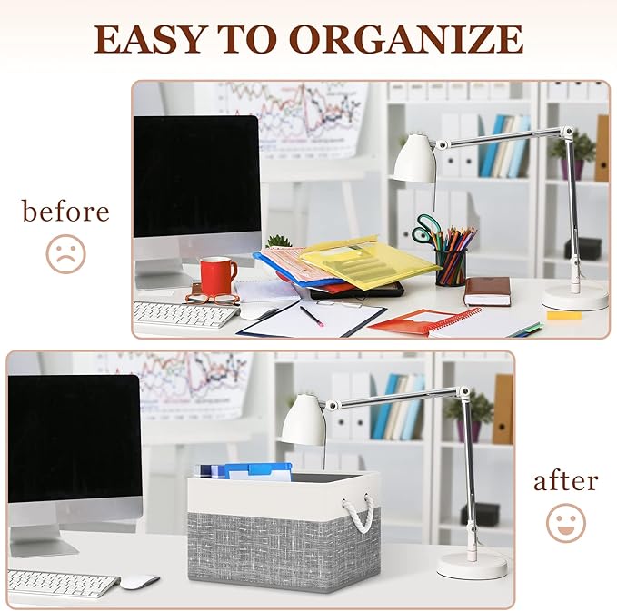 Storage Bin,Collapsible Storage Basket For Organizing,Large Storage Boxes With Rope Handles,Storage Containers,White & Grey,3 Pack