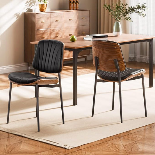 VEVOR Modern Dining Room Accent Chairs Set of 2, Upholstered Leather Side Chair for Dining Room, Space-Saving Kitchen Living Room Chair with Thick Cushions and Metal Legs, Black