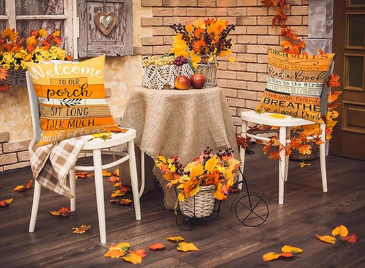 Jartinle Welcome to Our Porch Fall Outdoor Pillow Covers 18x18 Inch Set of 2 Waterproof Tiered Wood Texture Quotes Throw Pillow Covers for Patio Furniture Fall Decor