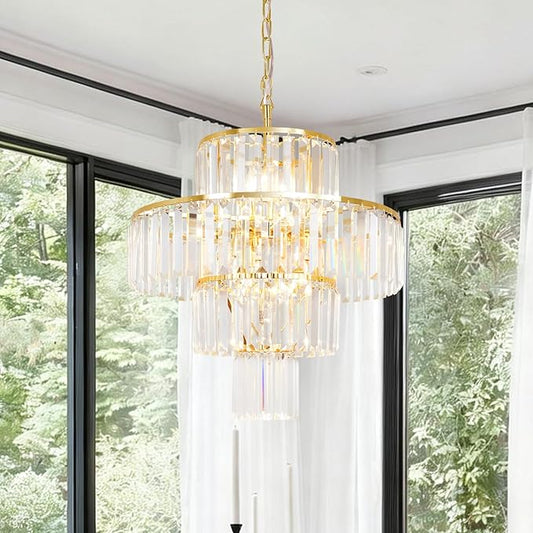 Gold Crystal Chandelier, 7-Light 4 Tiers 19.68" Crystal Light, Adjustable Hanging Metal Ceiling Lighting Fixture, Modern Foyer Dining Room Chandeliers for Bedroom,Hallway,Kitchen