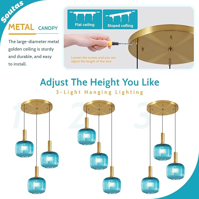 3-Light Pendant Chandelier Gold Cluster Pendant Lighting Blue Glass Pendant Lights Kitchen Island Lights Ceiling Hanging Modern Dining Room Pendant Light Fixtures Over Table