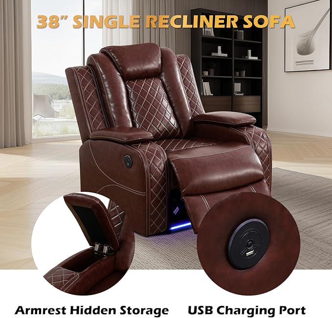 Leather Power Recliner Sectional Sofa Set with LED Light,L Shaped Leather Couch Set with 5 Recliner Seats,Modular Sofa with USB Port for Living Room Furniture(Red,Sectional+Loveseat+Chair)