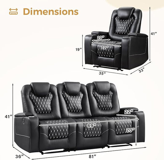 ANJ Power Recliner Sofa Set with 1 Recliner and 2PC 3 Seater Sofa, Electric Reclining PU Leather Living Room Furniture with USB Ports, Cup Holders and Hidden Arm Storage, Black
