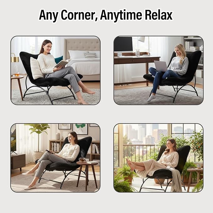 Tiita Accent Lazy Chair, Comfy Lounge Chair with Metal Frame and Plush Fabric, Spacious Seat Cozy Recliner Chair for Reading Room, Living Room, Bedroom, Office, Black