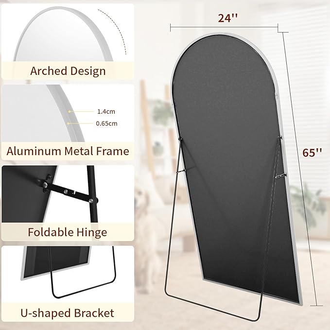 65"x24" Arched Mirror Full Length, Standing Floor Mirror, Wall Mounted Mirror with Aluminum Frame - for Standing, Leaning or Hanging, for Living Room Dressing Room, Silver