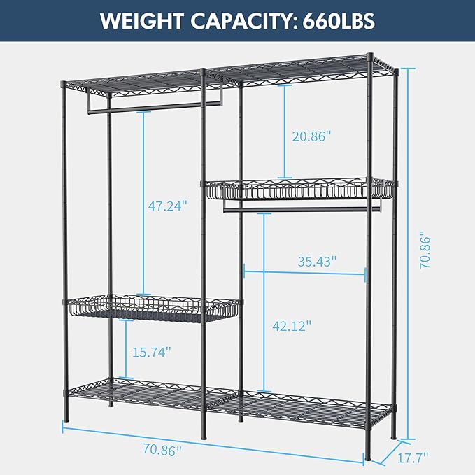 70 inch Heavy Duty Portable Closet Rack with Baskets, Steel Armoire Closet System, Clothing Organizer for Bedroom