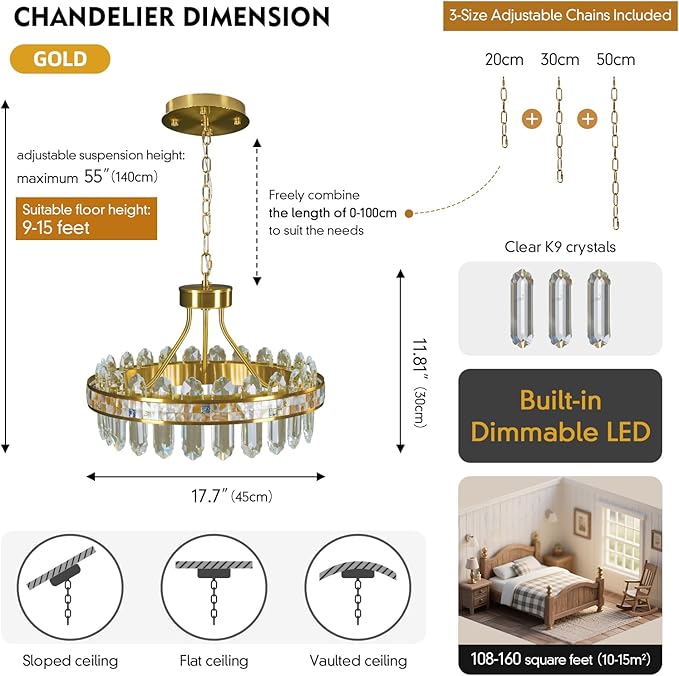 Gold Modern Round LED Crystal Chandelier - 17.7" Luxury 3 Colors Stepless Dimmable Chandeliers for Dining Room,Adjustable Height Ceiling Light Fixture for Kitchen Island Bathroom With Remote Control