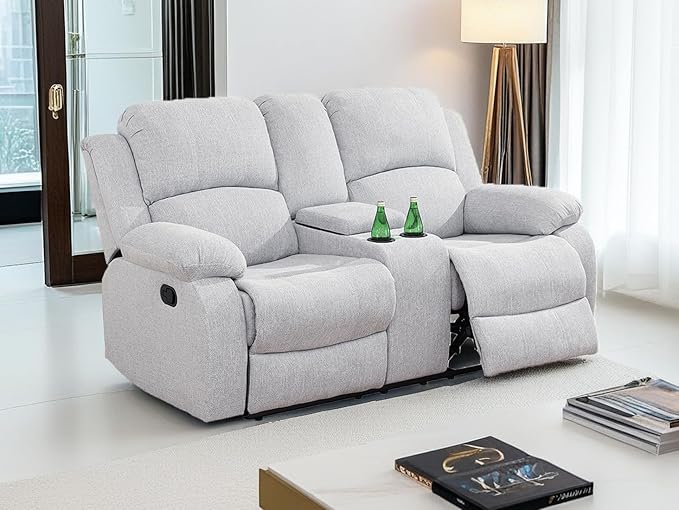 Modern Fabric Recliner Loveseat Living Room Furniture Manual Reclining Couch 2 Seater Reclining Sofa with Cup Holders & Middle Storage Console for Home/Office/Rv Car (Grey White, Loveseat)