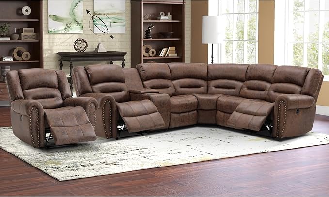 EBELLO Faux Leather Reclining Sectional Sofa Set, L-Shaped Power Corner Couch Home Furniture Set with Storage Console, Cup Holders, USB Port(Coffee Brown,Sofa with Recliner)