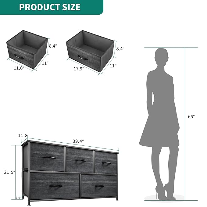 YITAHOME Dresser with 5 Drawers - Fabric Storage Tower, Organizer Unit for Bedroom, Living Room, Closets - Sturdy Steel Frame, Wooden Top (Black Wood Grain)