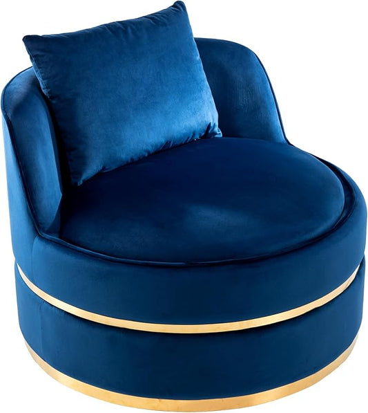 Merax 360° Swivel Accent Chair 32.6" Velvet Modern Upholstered Barrel Chair Comfy Soft Round Reading Sofa Chair with Seat Cushion for Living Room, Bedroom, Office, Apartment (Blue)