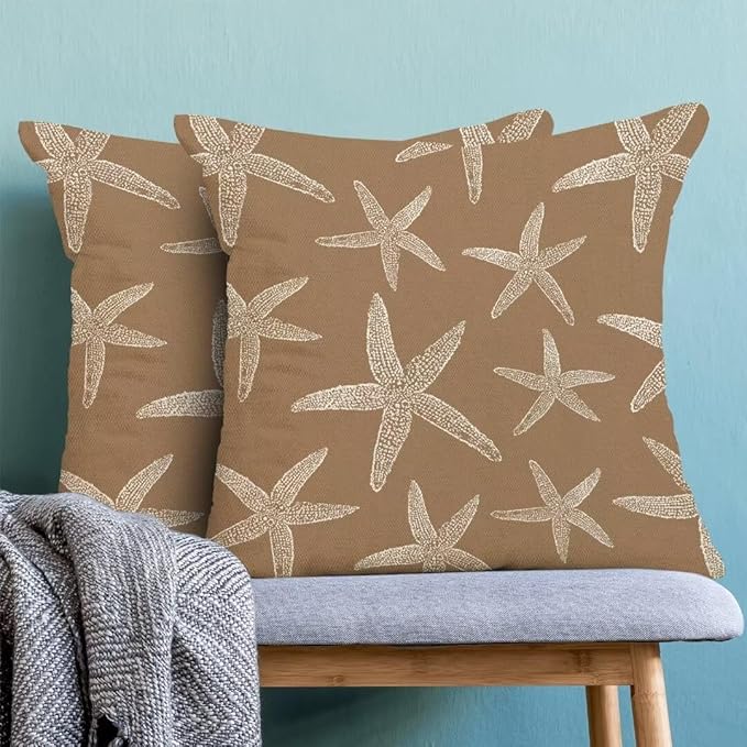 BETGINY Nautical Tan Brown Starfish Throw Pillow Cover 18X18 Inch Pack of 2,Summer Coastal Ocean Decorative Pillow Covers Square Linen Beach Pillow Cases Cushion for Bedroom Home Sofa Decor