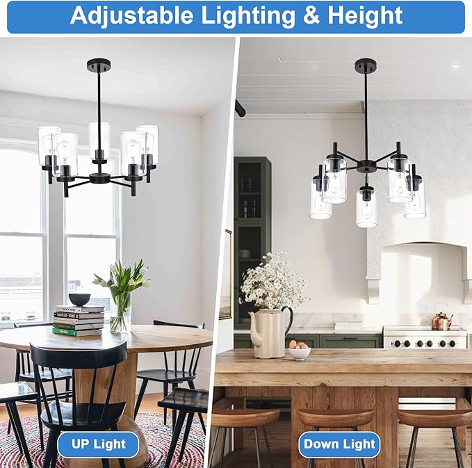 5-Light Contemporary Black Chandelier, Modern Industrial Dining Room Light Fixtures Over Table, Ceiling Hanging Kitchen Island Pendant Lighting Fixtures w/Clear Glass Shade for Entryway Foyer