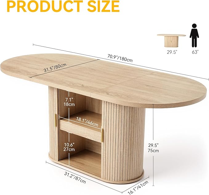 DWVO 70.9" Oval Dining Table for 6-8, Modern T-Shaped Kitchen Table with Storage Shelves & Pedestal Base, Multi-Purpose Dinner & Office Table, Light Oak