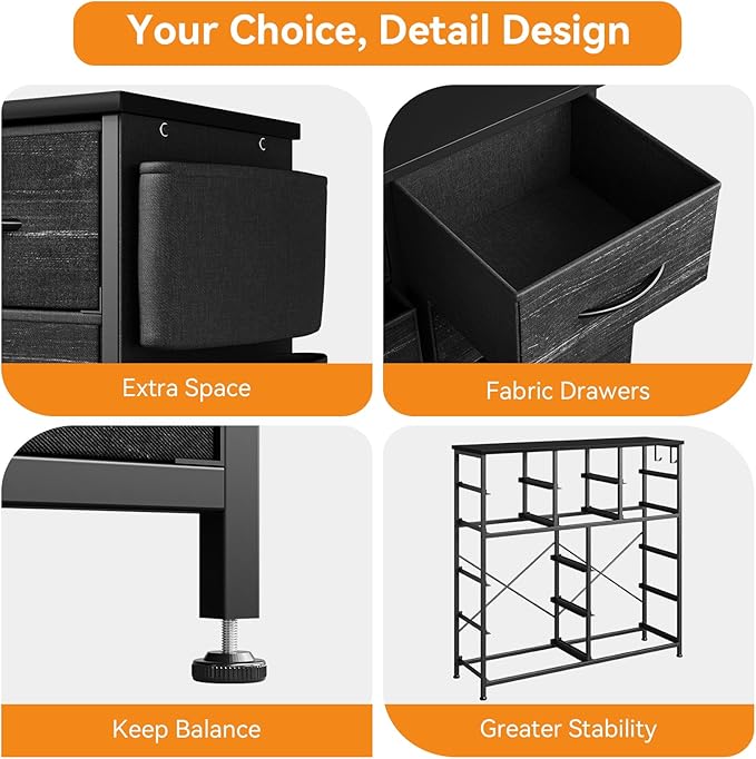 GarveeHome Black 12 Drawer Dresser for Bedroom, Fabric Dressers & Chests of Drawers with Side Pockets, Chest of Drawers for Closet, Living Room, Closet, Hallway