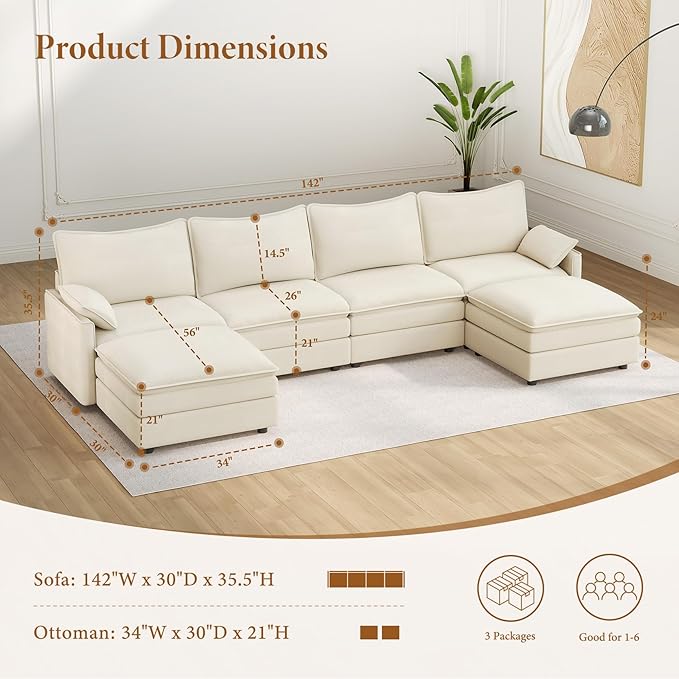 Vesgantti 142" U Shaped Sectional Couch, Comfy Cloud Modular Sectional Sofa with 2 Ottoman Deep Seat Chenille Modern Cloud Sofa, Modular Sofas for Living Room, Bedroom and Apartment, Snow White | Sink-in Comfort, Height Adjustable, Easy Rearrangement, ...