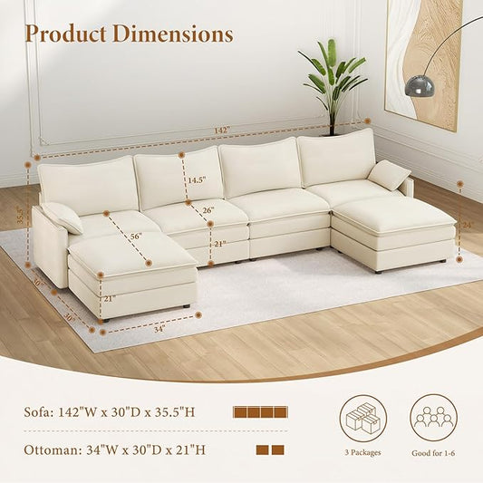 Vesgantti 142" U Shaped Sectional Couch, Comfy Cloud Modular Sectional Sofa with 2 Ottoman Deep Seat Chenille Modern Cloud Sofa, Modular Sofas for Living Room, Bedroom and Apartment, Snow White | Sink-in Comfort, Height Adjustable, Easy Rearrangement, ...