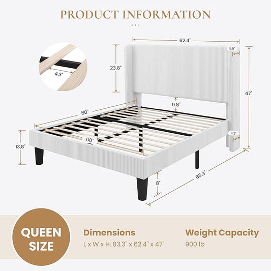SHA CERLIN Queen Size Corduroy Upholstered Platform Bed Frame with Vertical Channel Tufted Wingback Headboard, 8" Under Bed Storage, Wooden Slats & Metal Frame Support, Easy Assembly, White