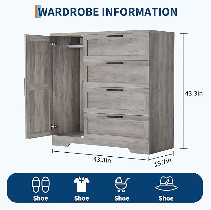 IDEALHOUSE 43.3'' H Armoire Wardrobe Closet with 4 Drawers and Hanging Rod, Multifunctional Wood 4 Drawers Dresser with Storage Closet, Clothing Storage Cabinets for Bedroom, Gray