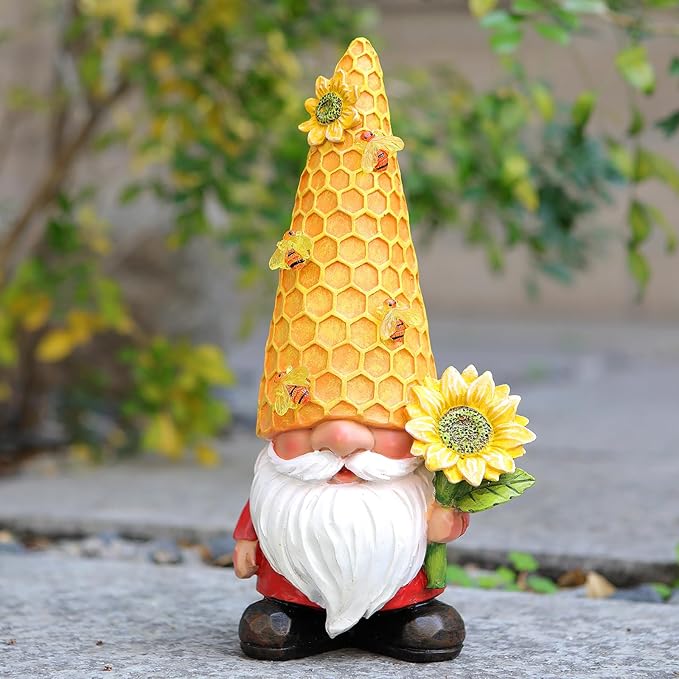 12.3''Garden Gnomes Outdoor Statues Clearance for Garden Decor with Solar Bee Lights,Spring Decorations Gnomes Outside Decor - Sunflower Gift for Women Mom,Yard Art Ornament for Patio Lawn