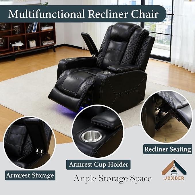 Power Recliner Sectional Sofa Set, Black Leather Sectional Couch and Chair for Living Room, L Shape Reclining Sofa with Cup Holder, Hidden Storage, Drop-Down Table for House(7 Seat)