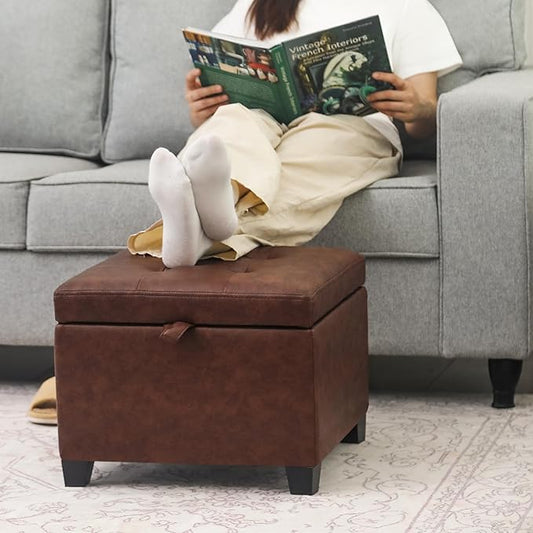 Adeco Faux Leather Storage Ottoman, 17.5" Square Cube Foot Stool with Hinged Lid & Wood Legs, Upholstered Button Tufted Footrest for Living Room, Bedroom Entryway, Reddish Brown
